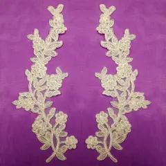1 Pair Beaded & Corded Floral Lace Applique Embroidered on 100% Polyester Mesh 10" x 3" Each Side Ivor