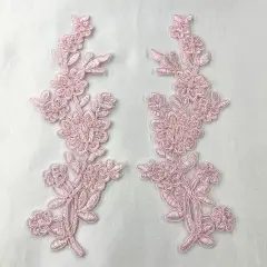 1 Pair Beaded & Corded Floral Lace Applique 10" x 2" Each Side Pink