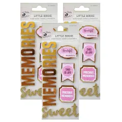 Pack of 3 - Little Birdie Foil and Glitter Sticker Embellishment 12/Pkg-Sweet Memories
