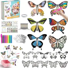 DIY Butterfly Activity Craft Kit for Kids, 16 Paper Butterflies and 13 Color Pens, Make Your Own Rubber Band Wind Up Butterfly Toy, Perfect for Party Games, School Activities, Surprise Cards