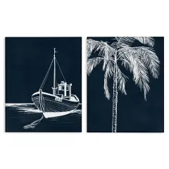 Stupell Industries Blue Boat & Palm 2 pc Canvas Wall Art Set Design by Leah Noel Art