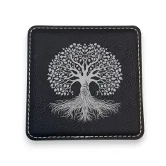 Coaster - Celtic Tree of Life - SET OF 2 - Leather or Stitched Cork Black/Silver