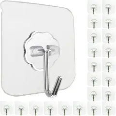 24 Pack Heavy Duty Self Adhesive Hooks - 33lb Max, Transparent Sticky Wall Hooks