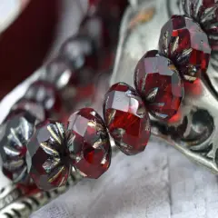 *15* 6x9mm Ruby Red Picasso Fire Polish Cruller Rondelle Beads