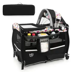 Babyjoy Pack & Play Baby Diaper Changing Table 4 in 1 Portable Foldable with Mattress Carrying Bag Black/Grey/Black+Pink