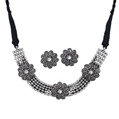 Indian Oxidized Jewelry Boho Tribal Jewelry Indian Long Necklace Bohemian Jewelry Afghani Tribal Tassel Long Ghungroo Necklace Earrings Set Choker Necklace Fashion Jewelry WHITE