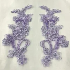 1 Pair Beaded & Corded Floral Lace Applique 9" x 2.5" Each Side Lilac