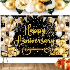 Happy Anniversary Banner Black and Gold Decorations for Party Supplies