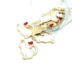 White Enamel Cat with Heart Charms, 25x20mm
