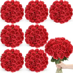 200 Pcs Artificial Roses Realistic Flower Bouquets (Red)