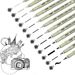 Micro Fineliner Pens 12 Size/Set, Ultra Fine Fineliner Pen, Chisel Pens, Brush Marker Pen, Water-based Black Pigment Ink, Drawing Journaling Doodle Supplies for Artists, Designers, Students