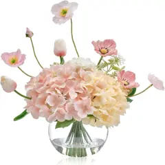 Artificial Flowers with Glass Vase, Fake Tulips, Silk Hydrangea Flower Bouquet Arrangement with Faux Water for Home Office Hotel Wedding Party Dining Table Centerpieces Decor & Gift (Pink & Champagne)
