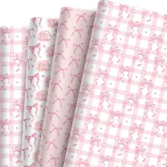 12 Sheets Pink Bow Wrapping Paper, Pink Floral Plaid Heart Bow Gift Wrap Paper I Love You Folded Flat Craft Paper for Valentine Wedding Baby Shower Supplies, 19.7 x 27.6 Inch