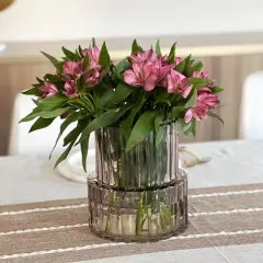 Wide Neck Short Amber Ribbed Glass Vase