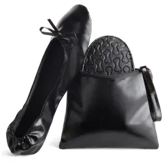 Black Foldable Ballet Flats for Women, Roll Up Flats with Zipper Pouch, US Size 7-8