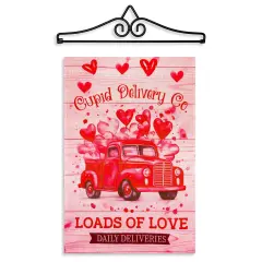 G128 Combo Pack Garden Flag Hanger 14IN & Garden Flag Valentine&rsquo;s Day Cupid Delivery Truck Printed 12x18IN Double Sided Yard Garden Lawn Decoration