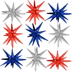 Red Blue Silver Star Balloons,9Pcs Red Blue White Explosion Star Foil Balloons,22Inch Spike Cone Star Helium Mylar Balloons for Birthday Anniversary Baby Shower 4th of July Disco Party Decorations