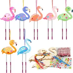 12 Pack Summer Wind Chime Kit for Kids Make Your Own Flamingos Wind Chime Wooden Arts and Crafts for Girls Boys Ornaments DIY Coloring Flamingos Craft for Hawaii Summer Art Activity Birthday Party