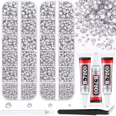 12100Pcs Silver Clear Rhinestones for Crafting with B7000 Jewelry Glue, 2 Boxes Resin Flatback Crystals Diamonds for Bedazzling Crafts DIY Clothing Shoes，Gems for Nail Art Makeup