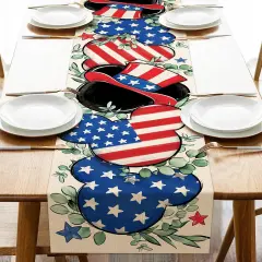 4th of July Patriotic Table Runner, America Eucalyptus Leaves Stars Stripes Kitchen Dining Table Decoration, American USA Burlap Indoor Outdoor Home Decor Party Supply 13x72 Inches