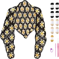 Crochet Kit for Intermediate or Advanced Levels, Complete Craft Kit for a Floral Daisy Shawl with Step by Step Video Tutorials Detailed Instructions, Perfect Holiday Gift or DIY Project (Black)