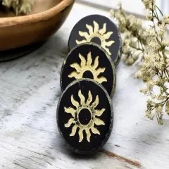 *2* 21mm Gold Washed Jet Picasso Table Cut Sun Design Coin Beads