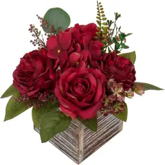Flower Arrangement with Wooden Vase 8" Artificial Flowers in Pot - Fake Flowers Roses Peonies Hydrangeas in Wooden Vase Potted Artificial Flower Centerpieces for Table Decor Living Room - Red