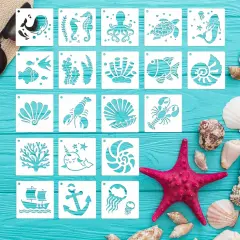 Summer Stencils for Painting, 20PCS 3 Inch Plastic Beach Stencils for Crafts Reusable, Small Stencils for Painting on Wood Canvas Rock, Funny Sea Life Stencils for Home Decor & DIY Projects