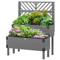 Fir Wood 2-Tier Self Draining Raised Planter Box with Lattice Trellis Grey