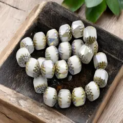 *10* 10mm Gold & Silver Washed White Alabaster AB Fire Polished Cathedral Beads
