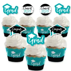 Big Dot of Happiness 2025 Teal Graduation Cupcake Decoration - Party Cupcake Wrappers and Treat Picks Kit - Set of 24