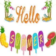 Glitter Summer Party Decorations, Colorful Hello Summer Banner Hawaiian Ice Cream Popsicle Summer Party Supplies for Home Mantle Fireplace