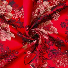 Red-Brown-Multi Polyester Floral Chinese Brocade Woven Fabric By the Yard