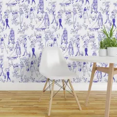 Peel & Stick Wallpaper 2FT Wide Feminist Cats Women Pets Toile De Jouy Cherry Blossoms Flowers Floral Botanical Novelty Cat Lady Blue And White Animals Preppy Protest March Custom Removable Wallpaper by Spoonflower