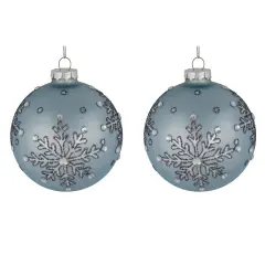 Northlight Mirror Glittered Snowflakes Christmas Glas Ball Ornaments - 4" - Steel Blue - Set of 2