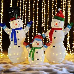 Joyful Lighted Snowman Family Set with Plush Lanterns for Holiday Decor 62" & 60" & 35"H