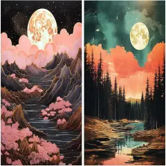 2 Pack 5D Diamond Art Painting Kits, Diamond Painting Mountain Kits, Landscape Moon Diamond Art Kits for Adults, Abstract Scenery Paint with Diamonds Gem Art for Home Wall Decor 12 x 16 Inch