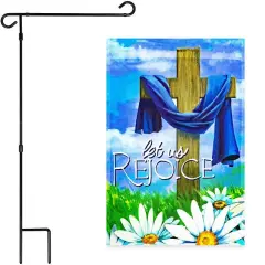 G128 Combo Pack: Garden Flag Stand Black 36x16 Inch & Garden Flag Let Us Rejoice Easter Cross 12x18 Inch