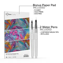 Watercolor Palette with Bonus Paper Pad 24 Premium Colors - 2 Refilable Water Brush Pens - 15 Sheets of Water Color Paper - Portable Painting