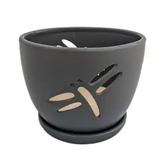 Dragonfly Matte Black Ceramic Orchid Pot and Saucer + Felt Feet-5 1/2" x 5 1/4"