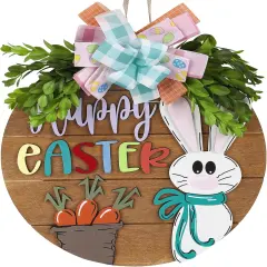 Easter Wreaths for Front Door,Easter Door Wooden Hanging Sign Happy Bunny Wreath Porch with Bow Decoration,Bunny Rabbit Spring Decorations for Home Decor (Pink)