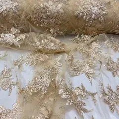 1 Yard Gold Sequin Lace Fabric 100% Polyester Mesh with Embroidery & Scalloped Edges for Gowns & Decor 51&rdquo; Wide
