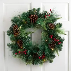 Northlight Pre-Lit Battery Operated Mixed Pine and Berries Christmas Wreath - 24" - Warm White LED Lights Green