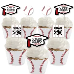 Big Dot of Happiness Grad Baseball - Cupcake Decoration - 2025 Graduation Party Cupcake Wrappers and Treat Picks Kit - Set of 24