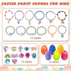 12Pcs Easter Surprise Eggs with Cute Bracelet & Ring Inside for Easter Theme Party Favors, Supplies for Easter Egg Hunt, Basket Stuffers/Fillers, Classroom Prize Supplies Toddler Boys Girls