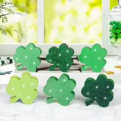 St. Patrick's Day Shamrock Decorations, Wooden Saint Patrick Day Tiered Tray Decor Set of 6, Green Clover Table Top Decoration for Home, Shelf, Door, Office Party (Glitter Solid)