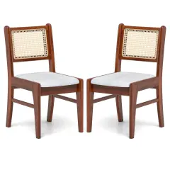 Set of 2 Rattan Back Dining Chairs with Padded Seats and Wooden Frame for Kitchen or Dining Room