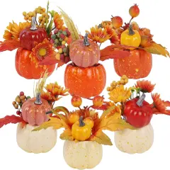 Set of 6 Artificial Pumpkins with Maple & Flowers Table Decor