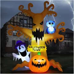 GOOSH 8 FT Halloween Inflatables Dead Tree with Owl Ghosts and Pumpkins with Built-in LED Lights