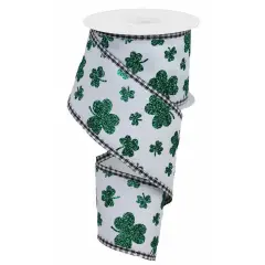 2.5" Glitter Shamrocks Gingham Ribbon: White (10 Yards)